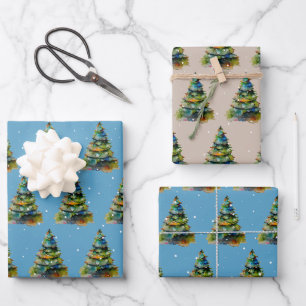 Watercolor Christmas Tree Snowflake Drawing Blue Wrapping Paper Sheets
