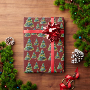 Watercolor Christmas Tree Snowflake Drawing Red Wrapping Paper