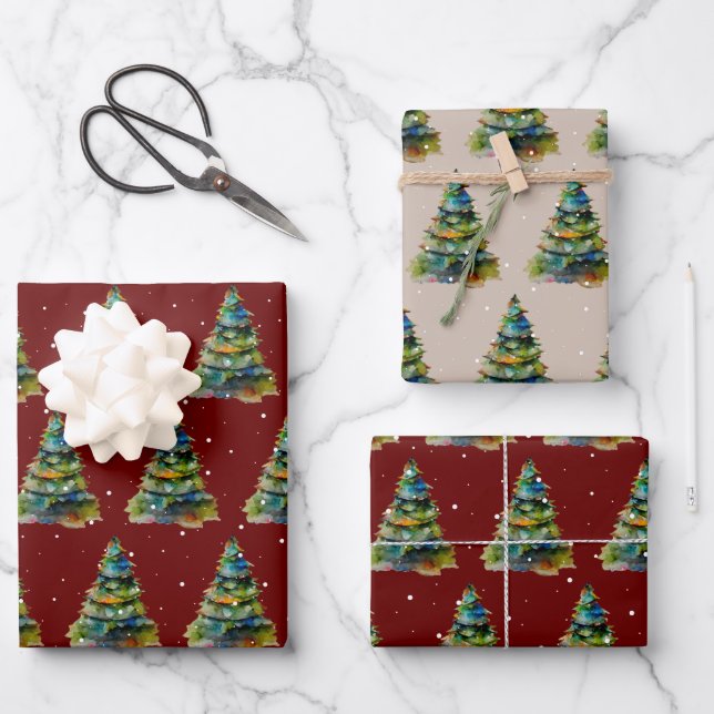 Watercolor Christmas Tree Snowflake Drawing  Wrapping Paper Sheets (Front)