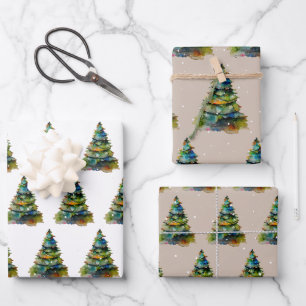 Watercolor Christmas Tree Snowflake Drawing Wrapping Paper Sheets