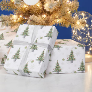 Watercolor Christmas Tree & Snowflake Pattern Wrapping Paper