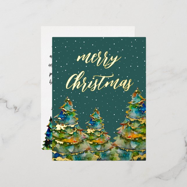 Watercolor Christmas Tree Snowflakes Green Gold  Foil Holiday Postcard (Front/Back)