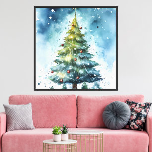 Watercolor Christmas Tree Snowy Night Canvas Print