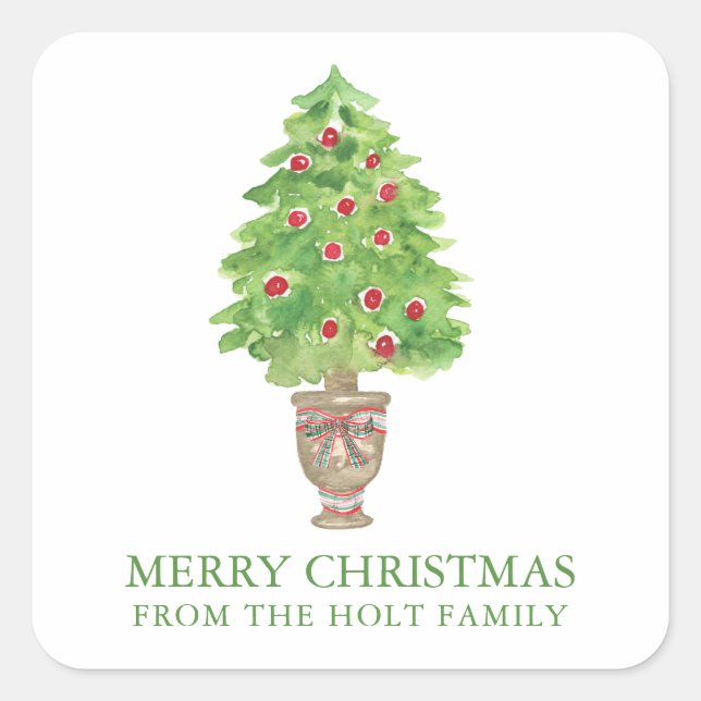 Watercolor Christmas Tree Topiary Gift Square Sticker (Front)