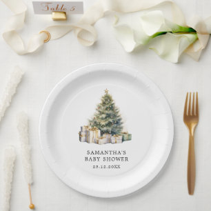 Watercolor Christmas Tree Winter Baby Shower Paper Plates
