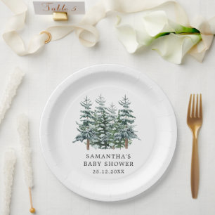 Watercolor Christmas Tree Winter Baby Shower Paper Plates