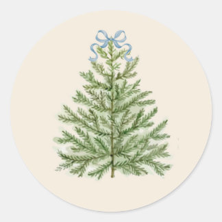 Watercolor Christmas Tree with Blue Bow Classic Round Sticker