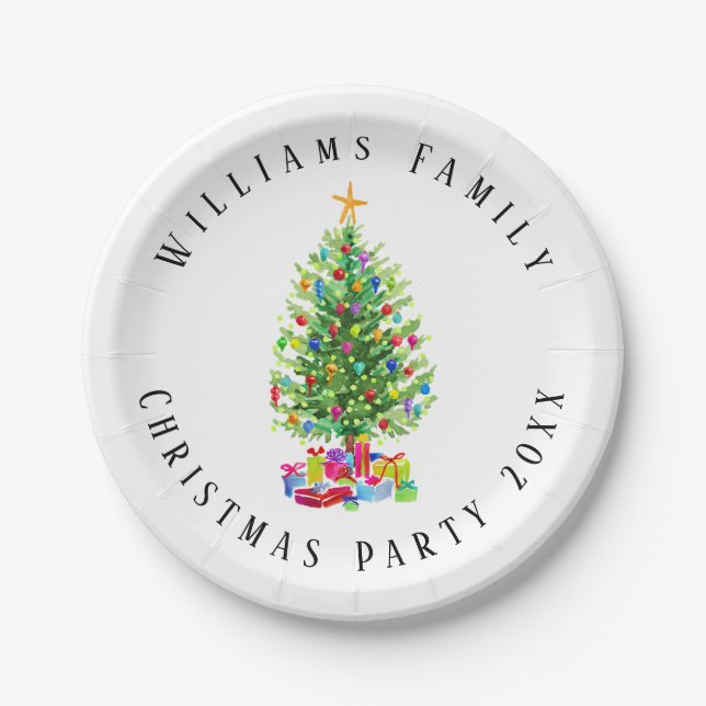 Watercolor Christmas Tree With Gifts Custom Paper Plates (Front)