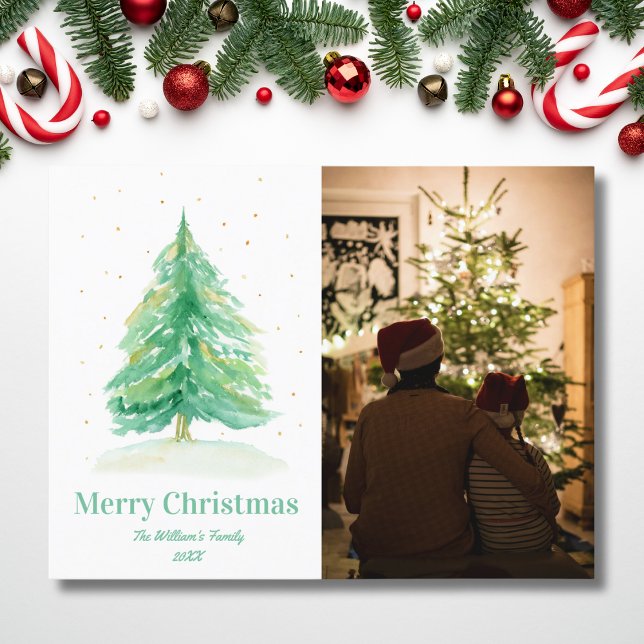 Watercolor Christmas Tree With Gold Snow Holiday Postcard (Creator Uploaded)