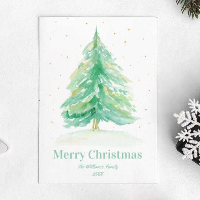 Watercolor Christmas Tree With Gold Snow Postcard (Creator Uploaded)