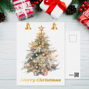 Watercolor Christmas Tree with jingle bells, Foil Holiday Postcard