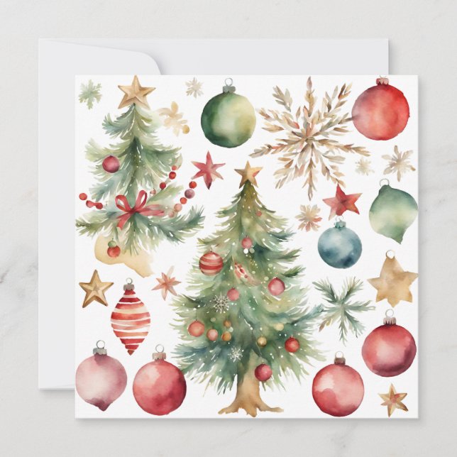 Watercolor Christmas Tree with Ornaments Holiday Card (Front)