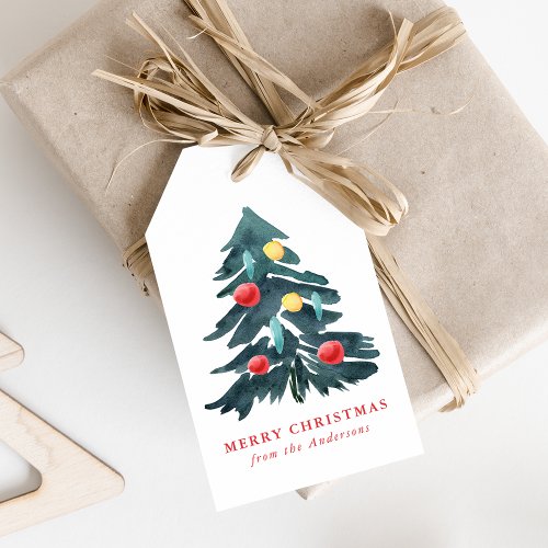 Watercolor Christmas Tree with Ornaments Holiday Gift Tags