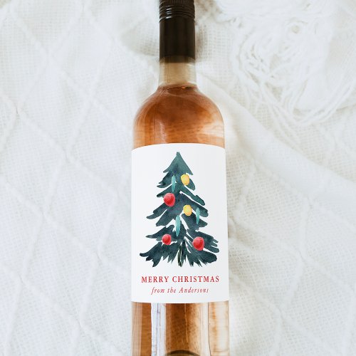 Watercolor Christmas Tree with Ornaments Holiday Wine Label