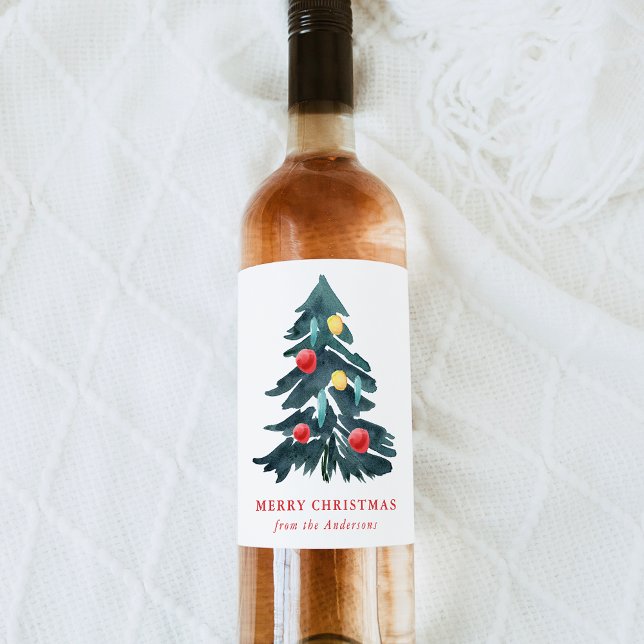Watercolor Christmas Tree with Ornaments Holiday Wine Label (Creator Uploaded)