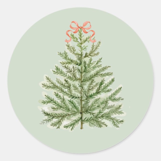 Watercolor Christmas Tree with Red Bow Classic Round Sticker (Front)