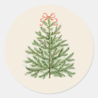 Watercolor Christmas Tree with Red Bow Classic Round Sticker