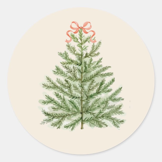 Watercolor Christmas Tree with Red Bow Classic Round Sticker (Front)