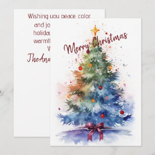 Watercolor Christmas Tree with Red Bow  Holiday Card