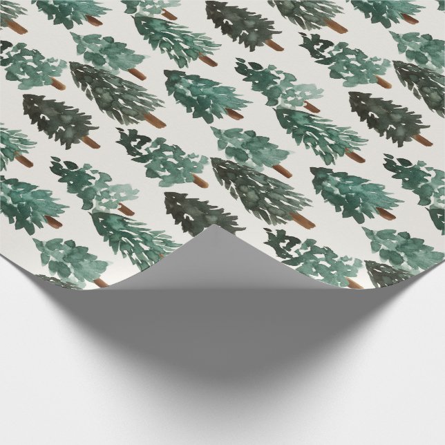 Watercolor Christmas Tree Wrapping Paper in Green (Corner)