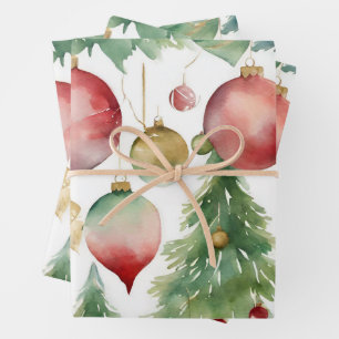 Watercolor Christmas Trees and Ornaments Abstract Wrapping Paper Sheets