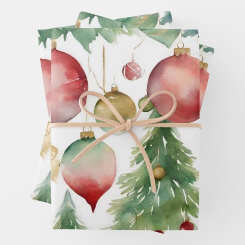 Watercolor Christmas Trees and Ornaments Abstract  Wrapping Paper Sheets