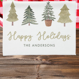 Watercolor Christmas Trees Custom Family Name Kitchen Towel