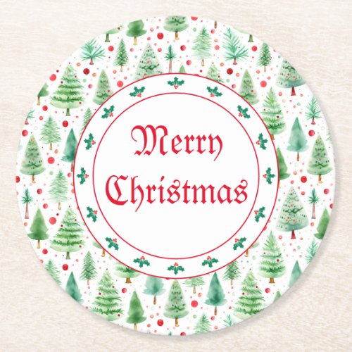 Watercolor Christmas Trees Decorative Round Paper Coaster