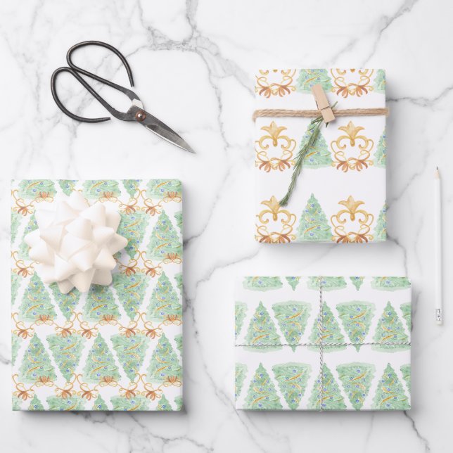 Watercolor Christmas Trees Gold Grandmillennial  Wrapping Paper Sheets (Front)