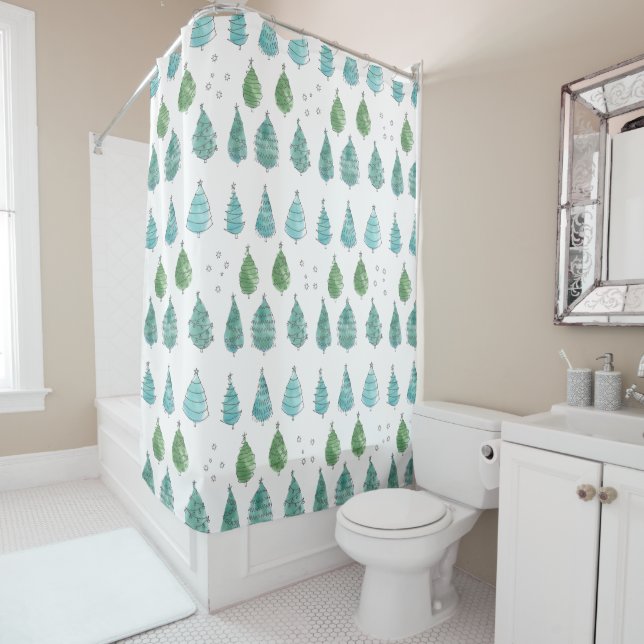 Watercolor Christmas Trees Green Shower Curtain (In Situ)