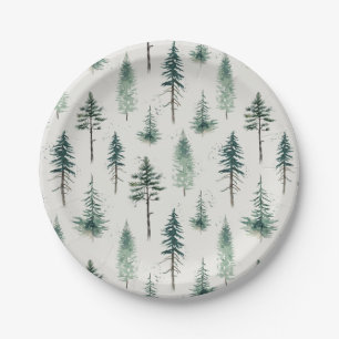Watercolor Christmas Trees Holiday Pattern Paper Plates