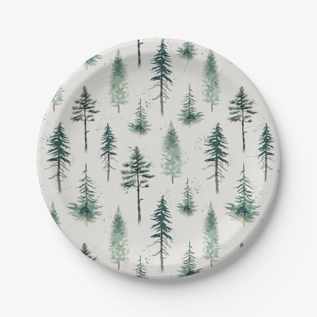 Watercolor Christmas Trees Holiday Pattern Paper Plates (Front)