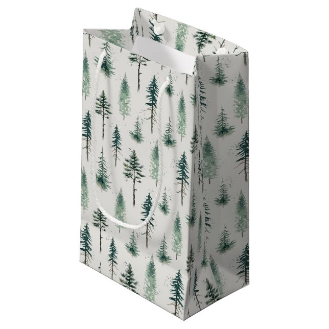 Watercolor Christmas Trees Holiday Pattern Small Gift Bag (Front Angled)