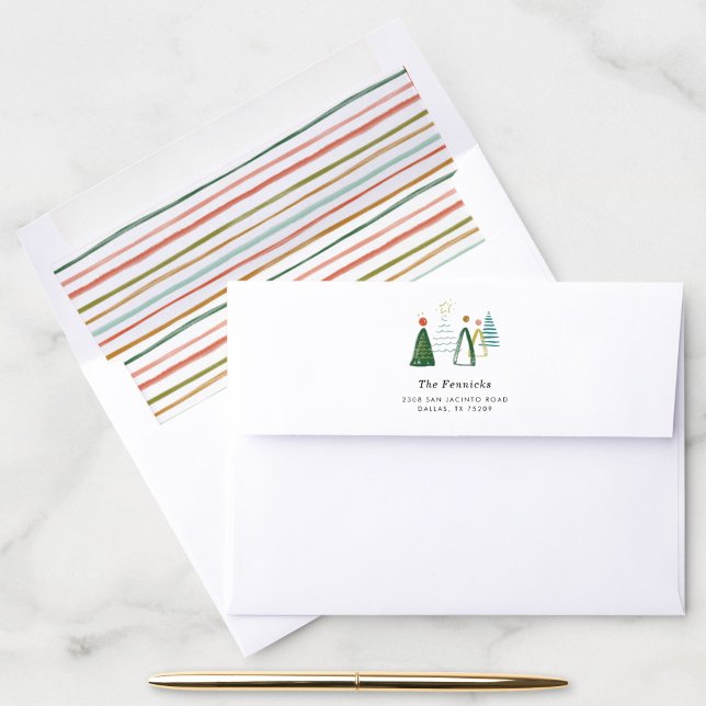Watercolor Christmas Trees Holiday Stripe Address Envelope (Watercolor Christmas trees return address envelope with colorful stripes liner.)