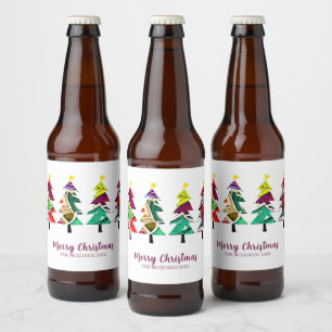Watercolor Christmas Trees Merry Christmas Beer Bottle Label