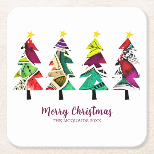  Watercolor Christmas Trees Merry Christmas  Square Paper Coaster