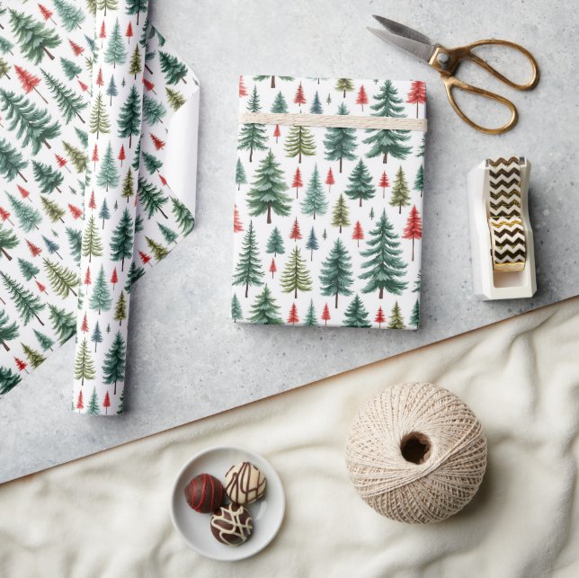 Watercolor Christmas Trees on White Wrapping Paper (Crafts)