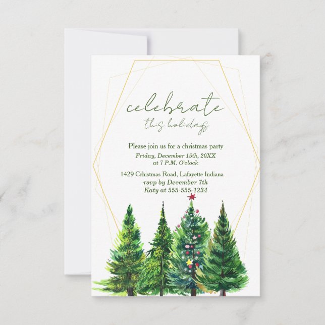 Watercolor Christmas Trees Party Invitation (Front)