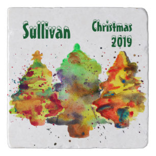 Watercolor Christmas Trees, Personalize Trivet