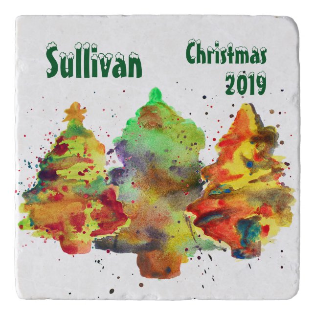 Watercolor Christmas Trees, Personalize Trivet (Front)