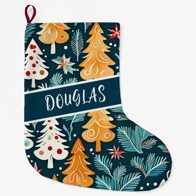 Watercolor Christmas Trees Personalized  Large Christmas Stocking (Front)