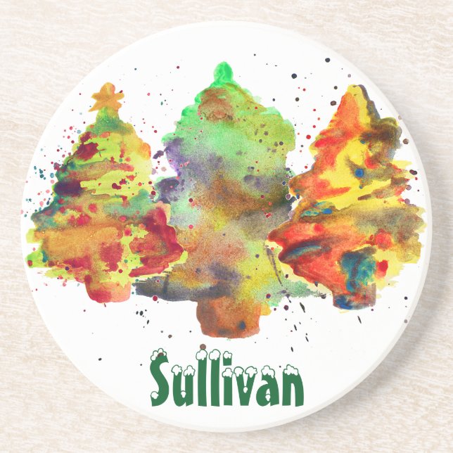 Watercolor Christmas Trees, Personalized sandstone Coaster (Front)
