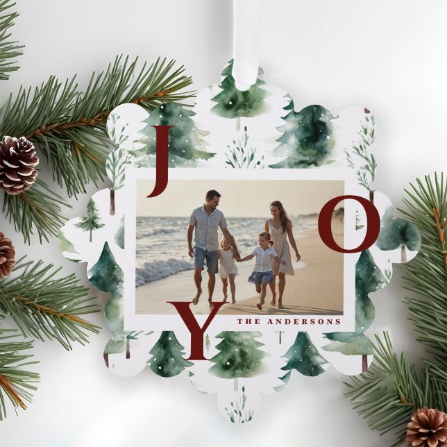 Watercolor Christmas Trees Red Joy Photo  Ornament Card (Creator Uploaded)