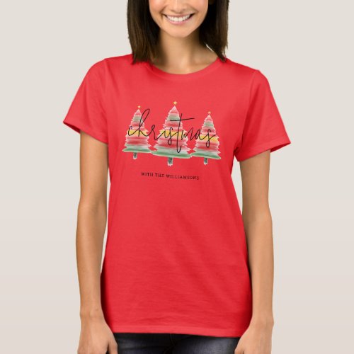 Watercolor Christmas Trees Red T_Shirt