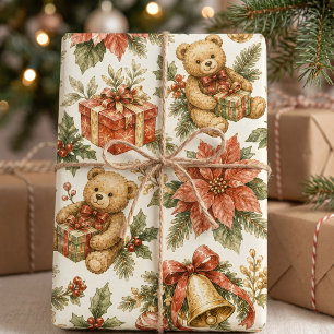 Watercolor Christmas Trees Ribbons & Plaid Pattern Wrapping Paper Sheets