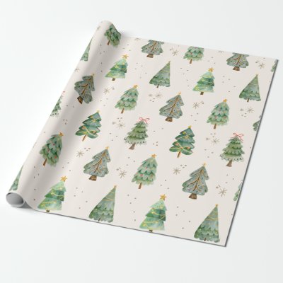 Watercolor Christmas Trees Snowflakes Holiday Wrapping Paper
