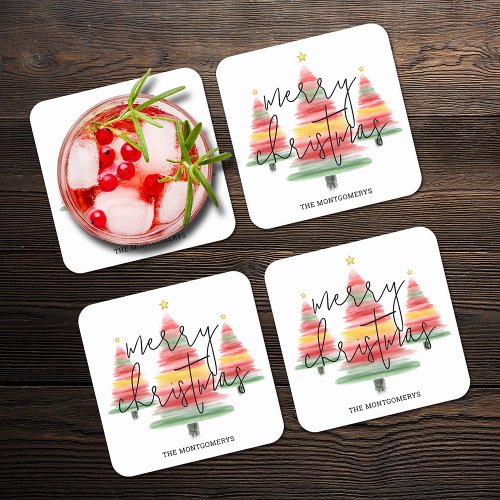 Watercolor Christmas Trees Square Paper Coaster