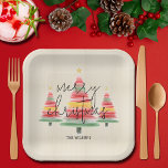Watercolor Christmas Trees Square Paper Plates<br><div class="desc">Beautiful watercolor Christmas trees topped with a gold star on ivory stripes accent these square paper plates with Merry Christmas and your family name in chic lettering. MATCHING items in our collection.</div>