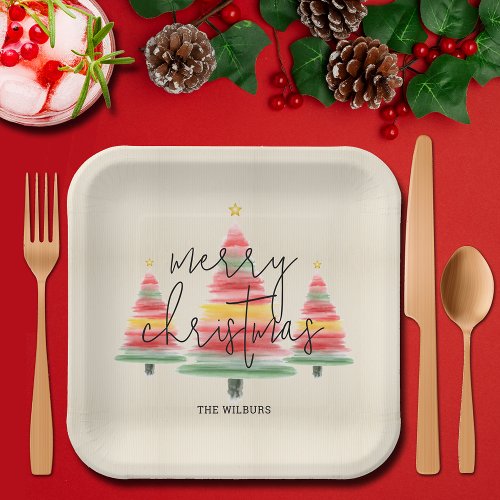 Watercolor Christmas Trees Square Paper Plates