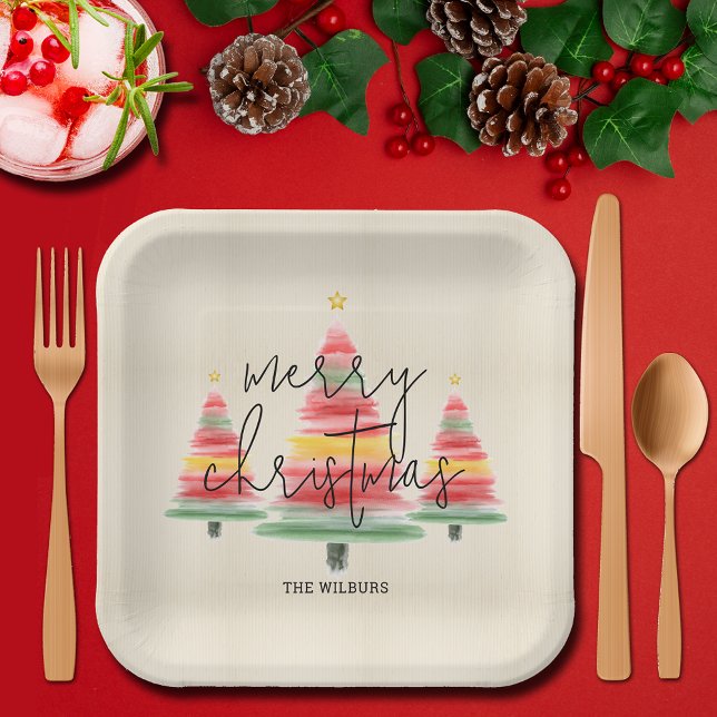 Watercolor Christmas Trees Square Paper Plates (Creator Uploaded)